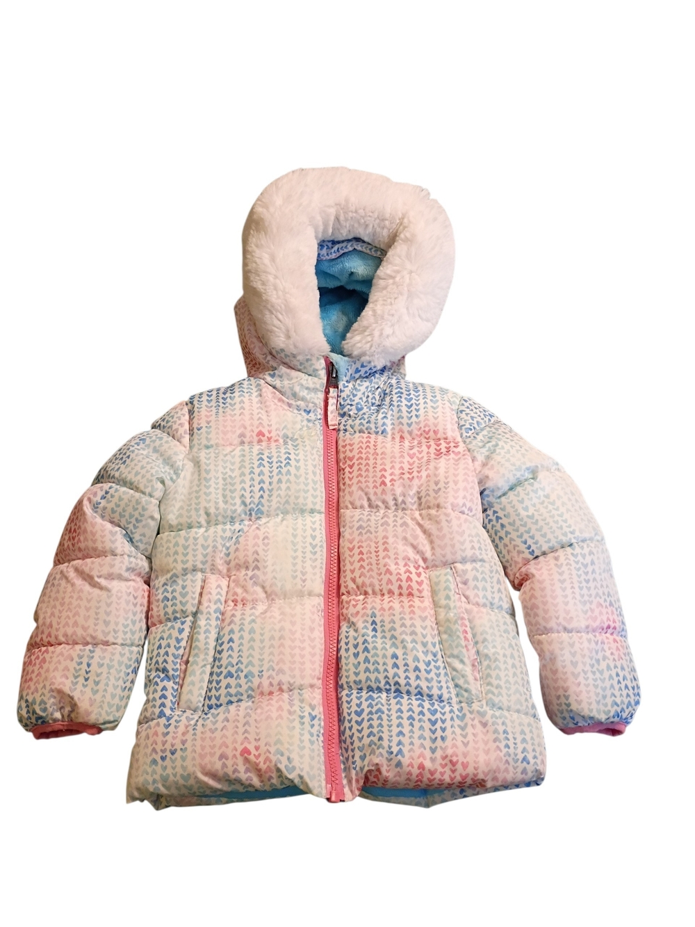 GUC Snozu Girls Pastel Multi Plush Hooded Puffer Jacket Hearts 3T